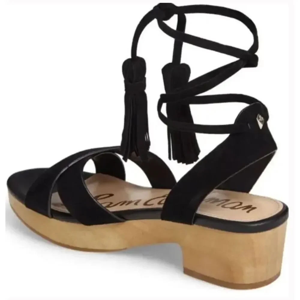 SAM EDELMAN Jenna Ankle Wrap Wooden‎ Clog Sandals Retro Lace Up Black Sz 7